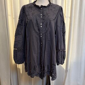 Sundance Black Embroidered Button-Front Tunic XL worn once shirt linen cotton